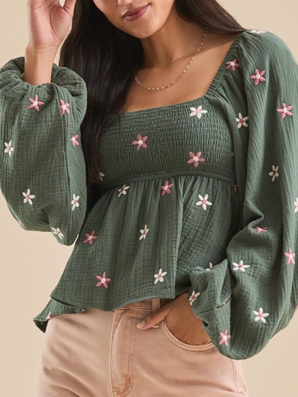 Square-Neck Olive Green Peplum Blouse Shirred Smocked Pink Floral Embroidery M